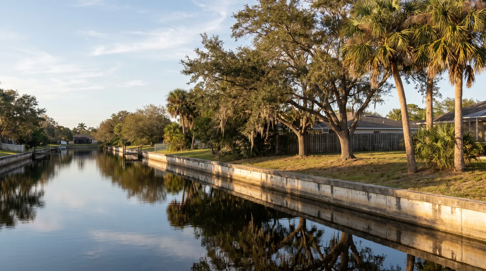 Live oaks and sabal palms lining one of Port St. Lucie's freshwater canals