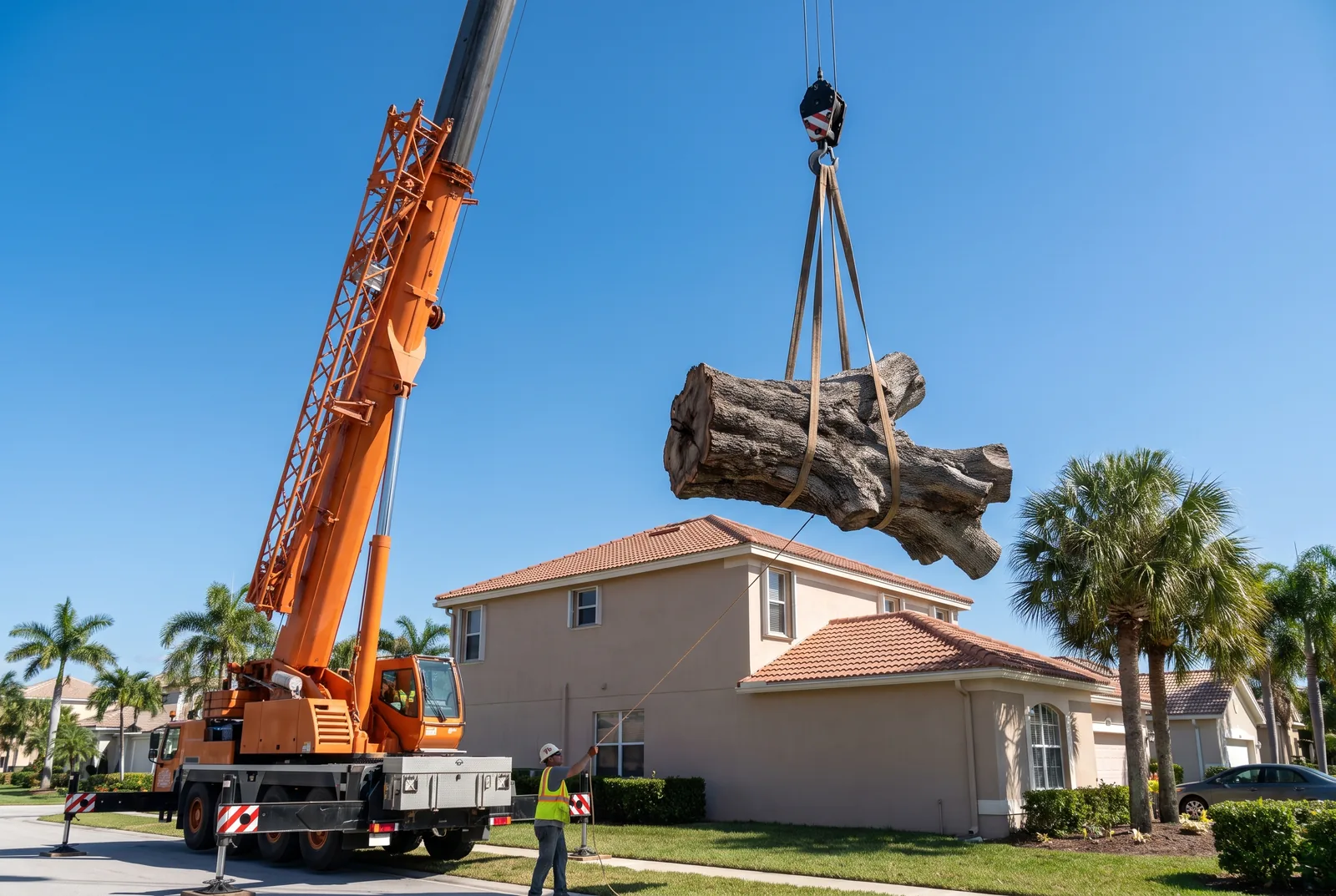 Crane lifting a sectioned oak trunk over a tile-roof home on the Treasure Coast