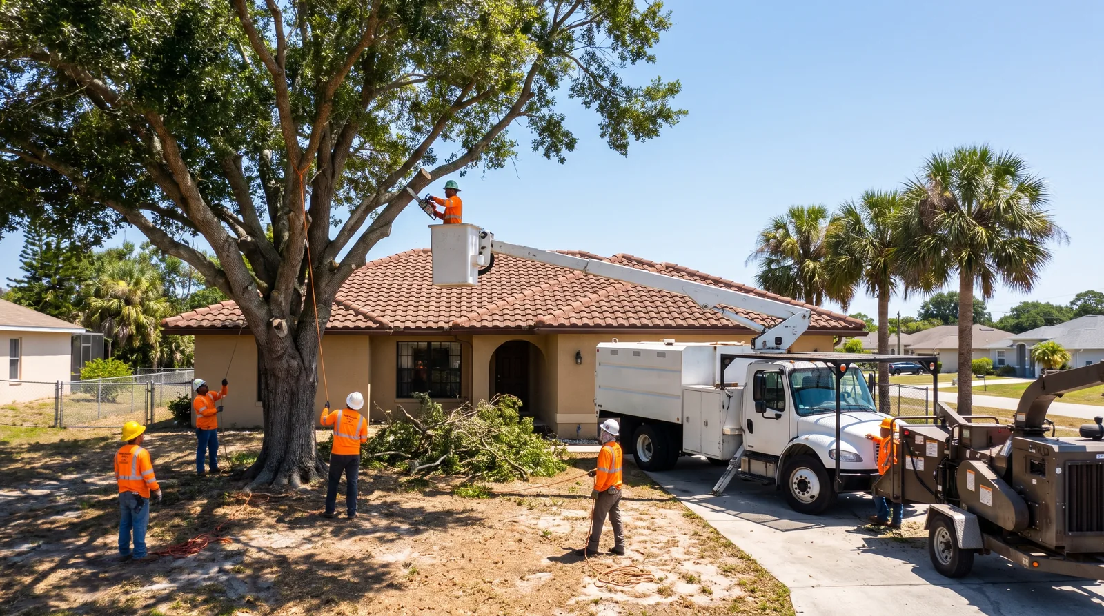 Tree crew sectioning a large laurel oak beside a Port St. Lucie home with a bucket truck and chipper