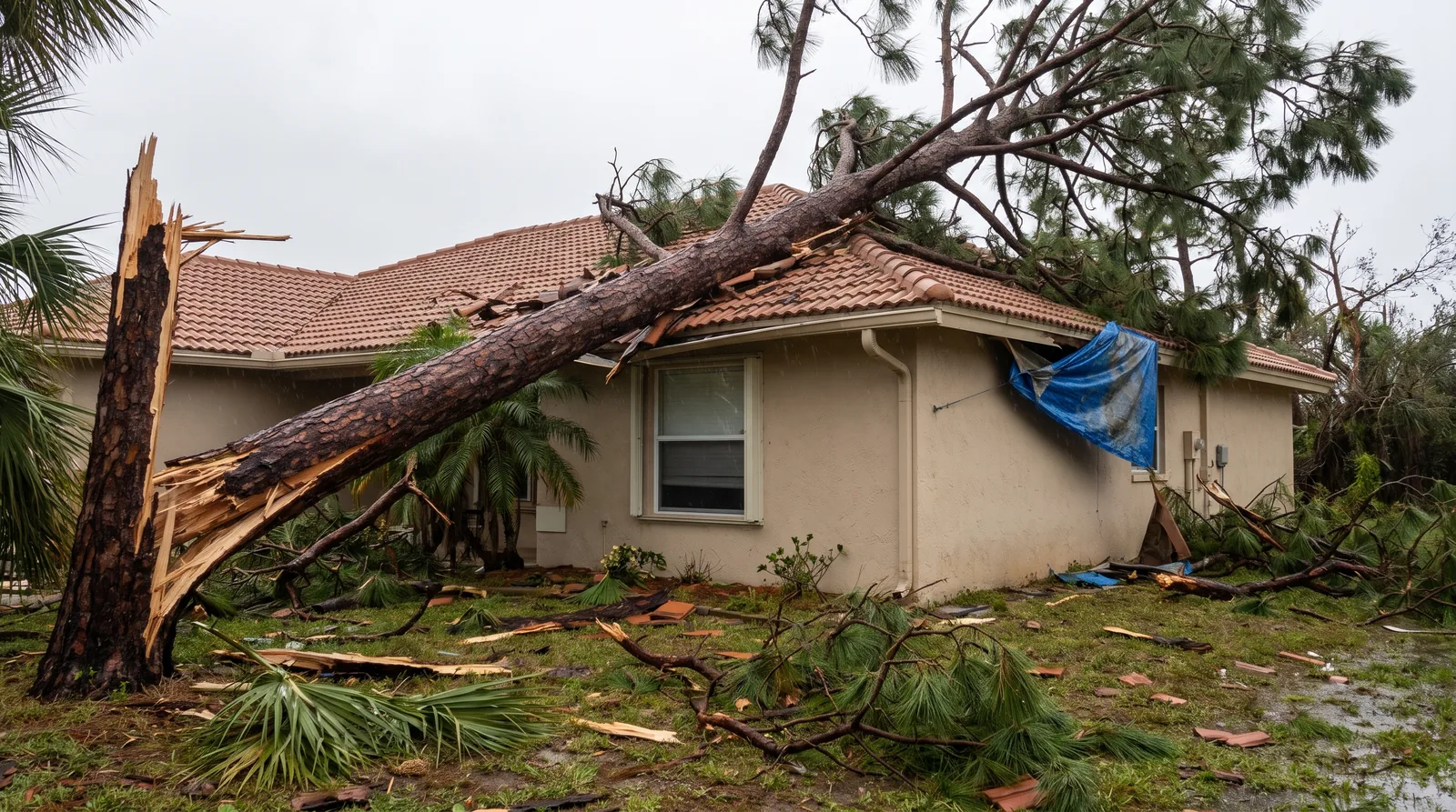Slash pine snapped onto the roof of a Port St. Lucie home after a hurricane