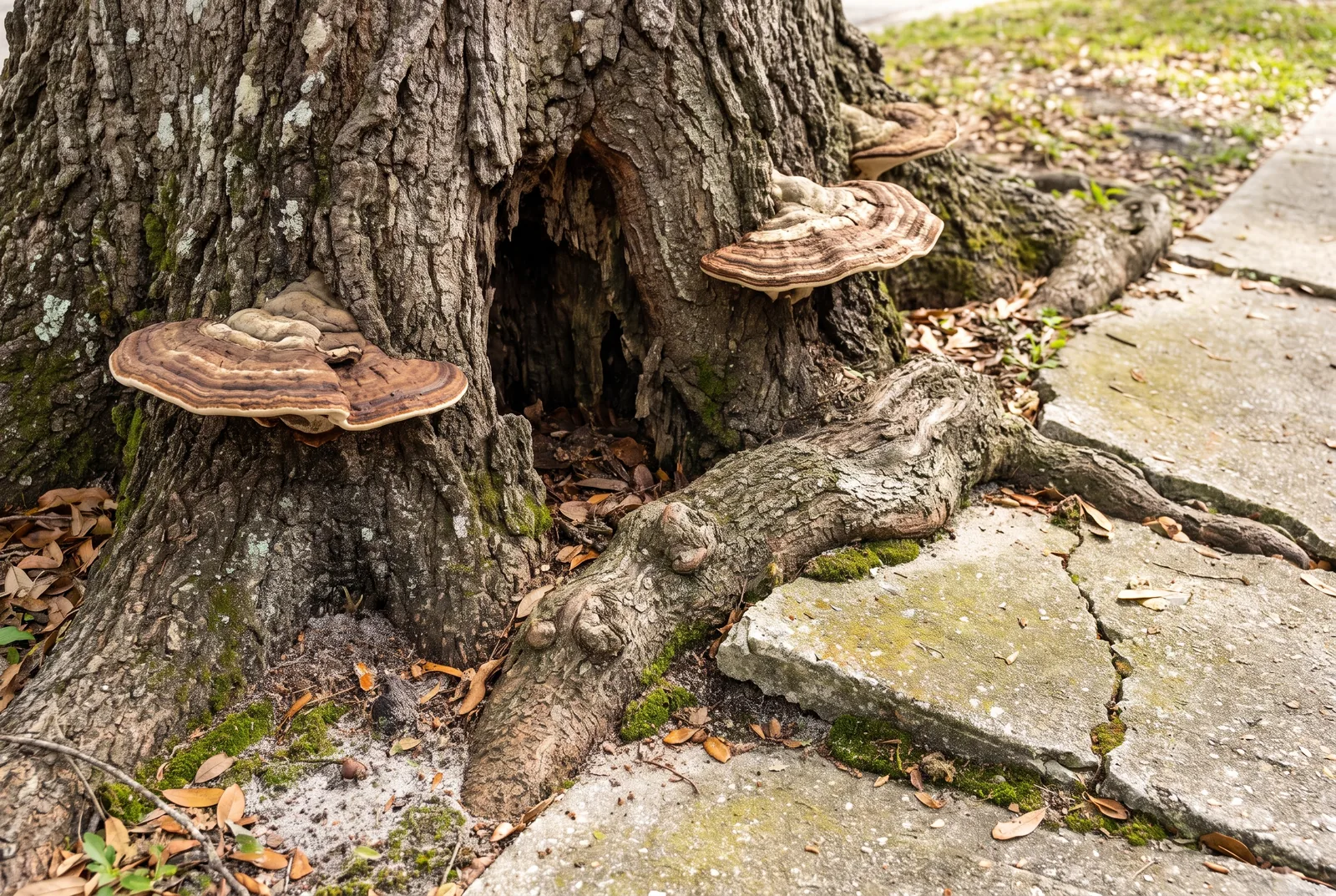 Fungus and a decay cavity at the base of an old laurel oak lifting a sidewalk