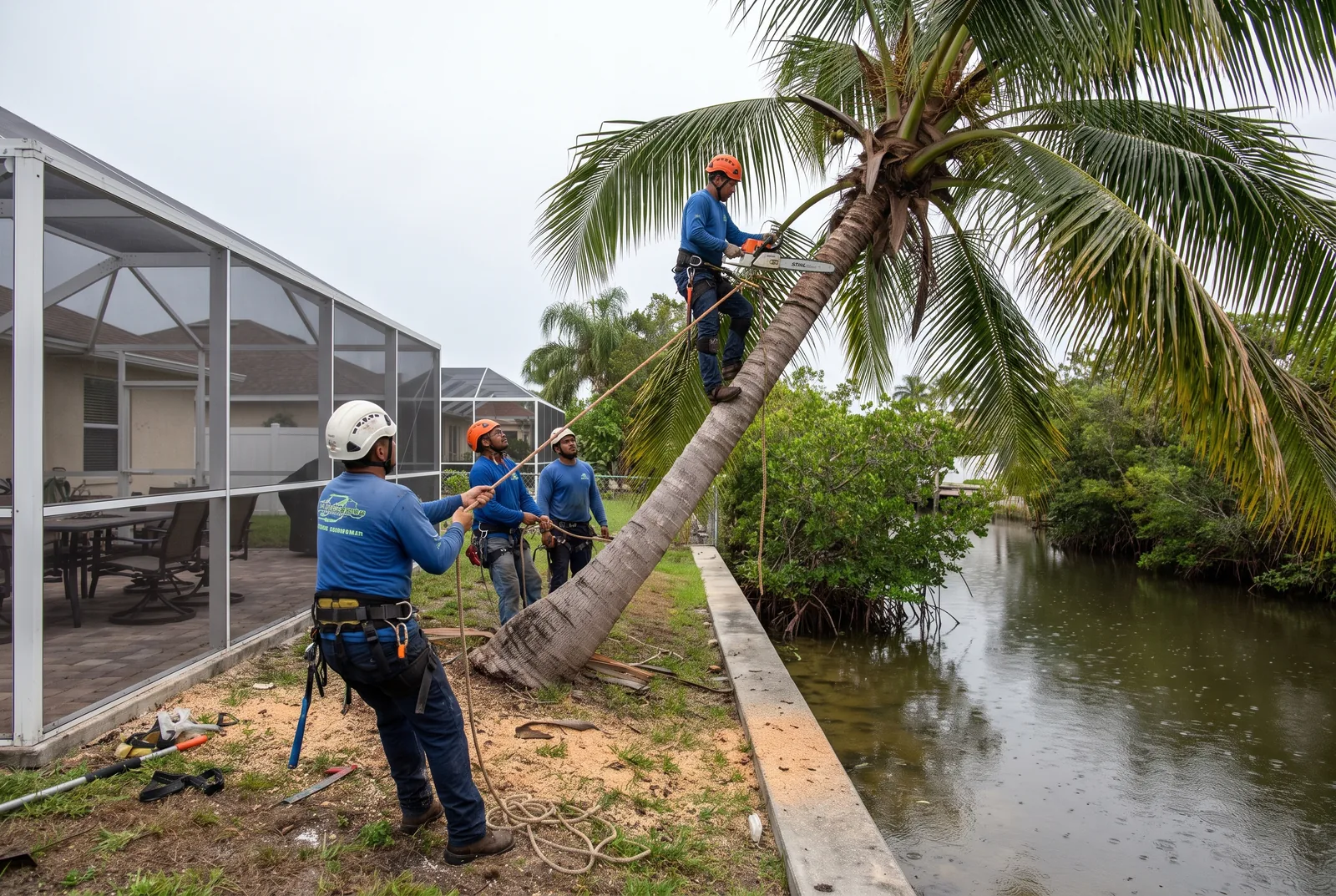 Crew removing a leaning coconut palm from a canal-side back yard in Port St. Lucie