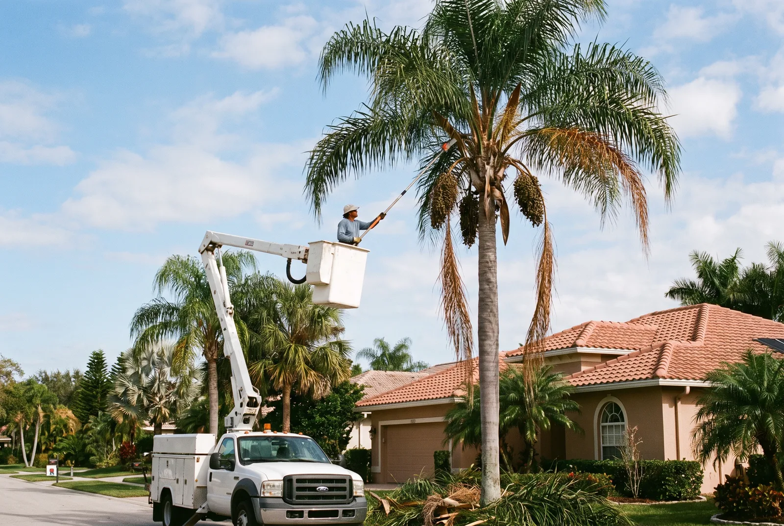 Worker trimming seed pods and fronds from a queen palm from a bucket truck