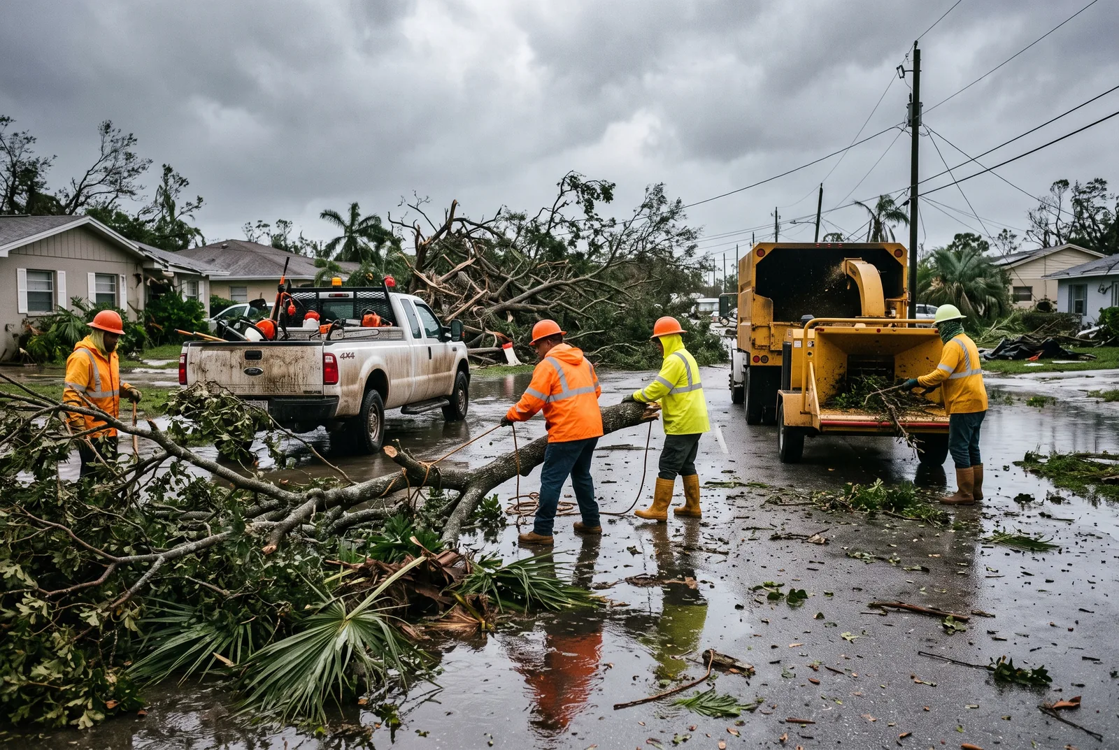 Crew clearing downed oak limbs and debris from a flooded street after a Treasure Coast storm