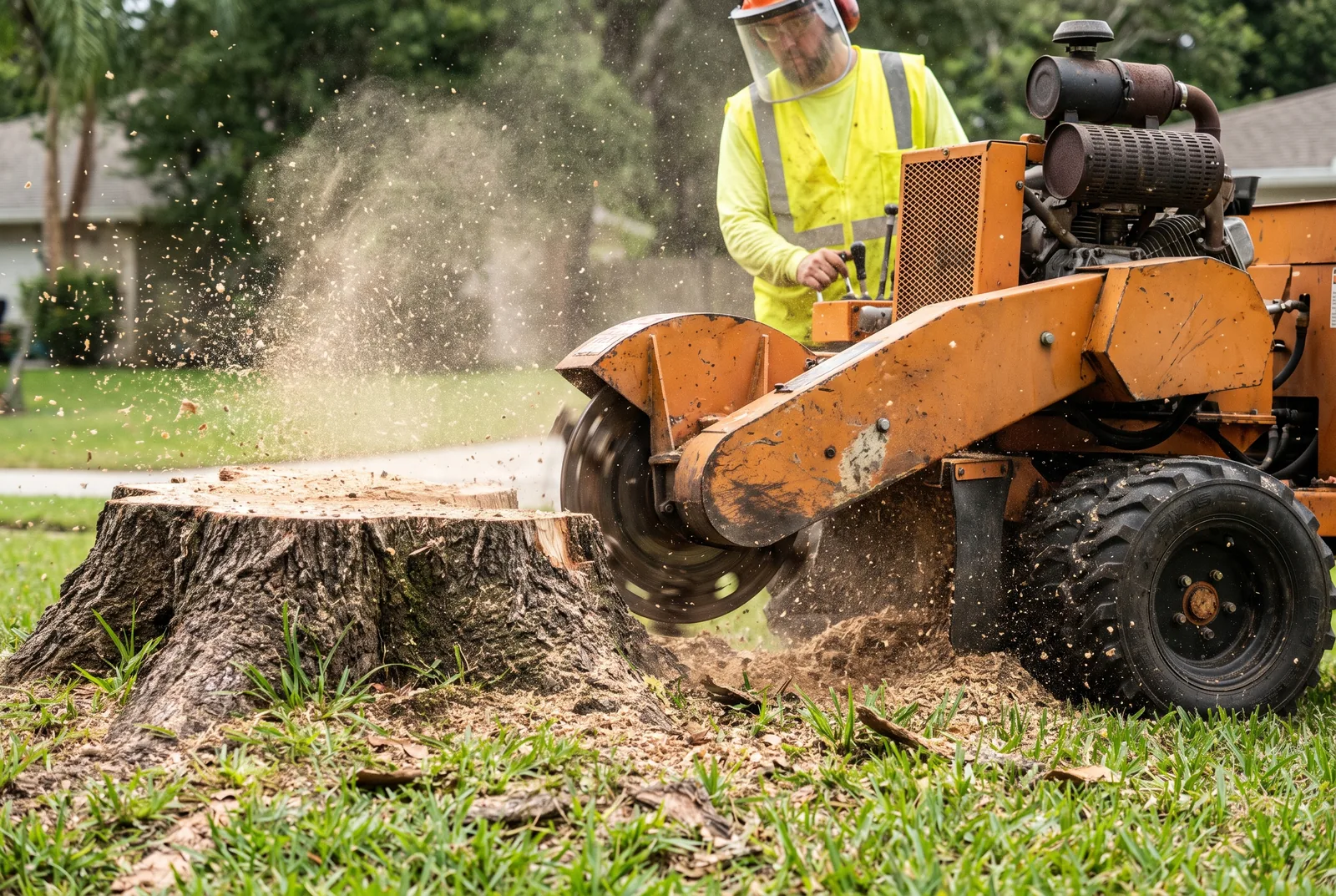 Stump grinder chewing down a large oak stump in a St. Lucie West front yard